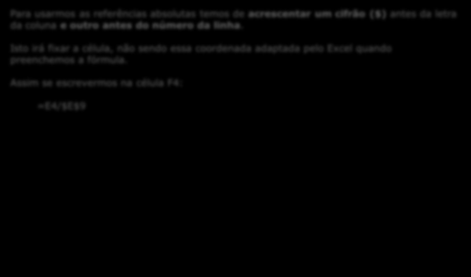 Para usarmos as referências absolutas temos de acrescentar um cifrão ($) antes da letra da coluna e outro antes do número da linha.