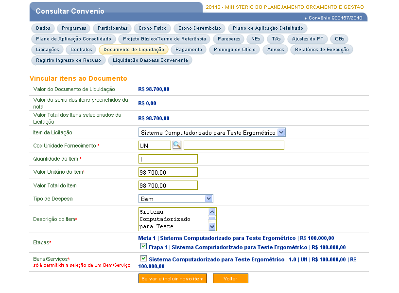 Informa metas e etapas do cronograma físico a ser