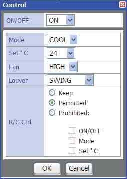 São descritos os detalhes de configuração do ar condicionado no [Ecrã Control]. [Keep] [ON] [OFF] Guarda o estado de funcionamento actual. Põe o ar condicionado a funcionar. Pára o ar condicionado.
