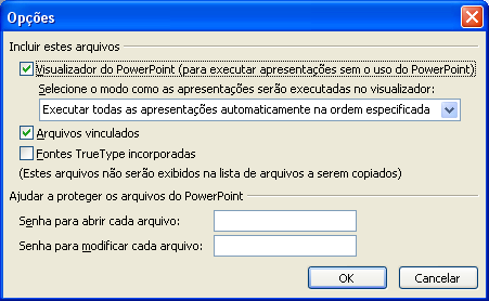 PACOTE PARA CD Permite copiar uma ou mais apresentações, junto com os arquivos de suporte, em um CD.