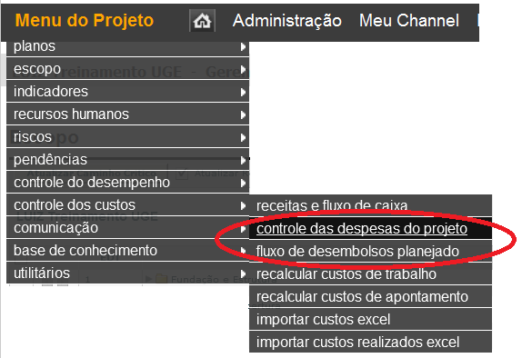 Controle de custos Menu do