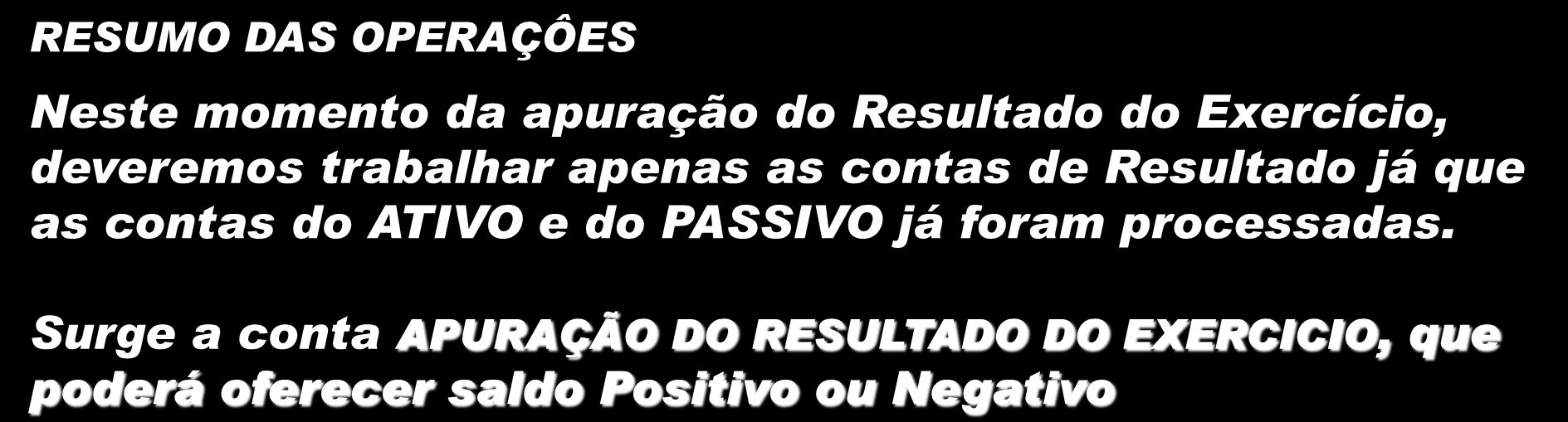 RESUMO DAS OPERAÇÔES Neste momento da apuração do Resultado do Exercício, deveremos trabalhar apenas as contas de Resultado já que as contas do ATIVO e do PASSIVO já foram