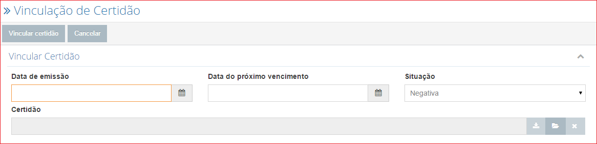 Situação: A situação da certidão (negativa, positiva, a vencer, vencida, falha); Emissão: Data da última emissão da certidão; Vencimento: Data do próximo vencimento da certidão; Renovação: