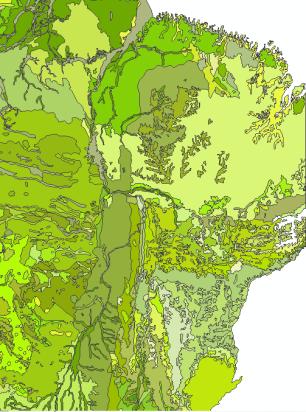 A partir de planos de informação de entrada (solos, geomorfologia/declividade, geologia e uso e cobertura vegetal), gerou-se um mapa temático de