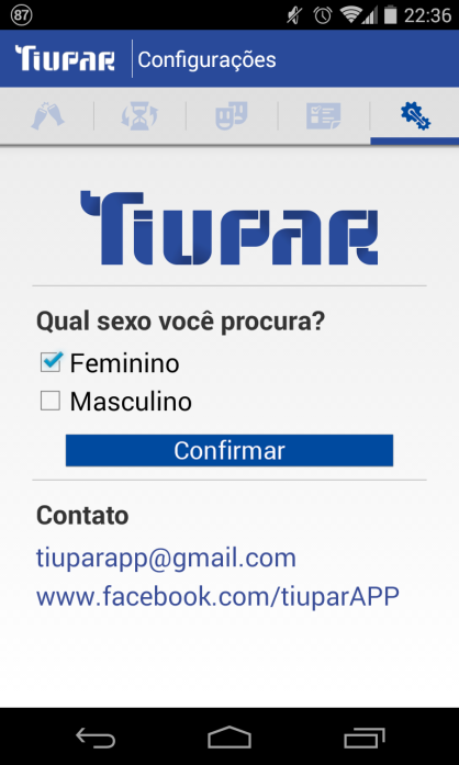 Figura 4.9 Tela Configurações. Nesta tela, o logo do sistema Tiupar é exibido, dá-se a opção de troca de preferência sexual ao usuário, assim como opções de contato via E-mail ou Facebook.