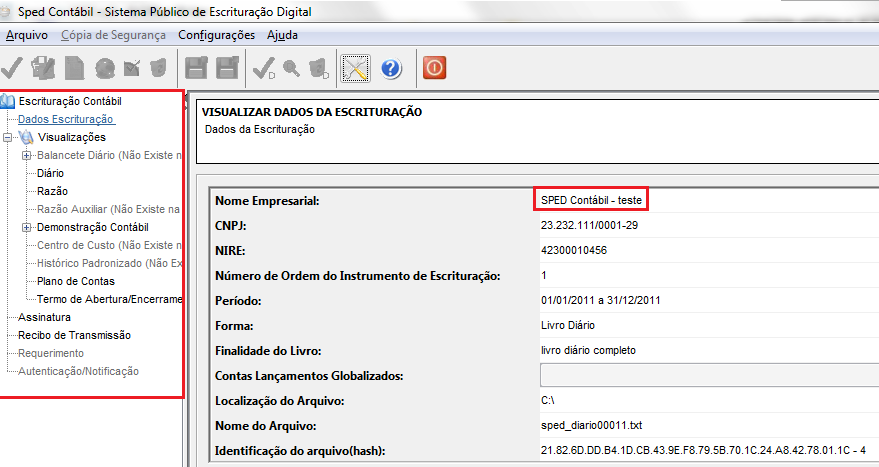 Abrindo escrituração, Visualizando, No quadro à esquerda