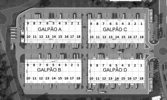 Galpão B Quadro de Áreas GALPÃO B (2) Armazenagem (m²) Mezanino (Escritório Superior) (m²) Marquise ou cobertura de docas (m²) Vestiário Externa (m²) Área Privativa Parcial (m²) Área Comum Área