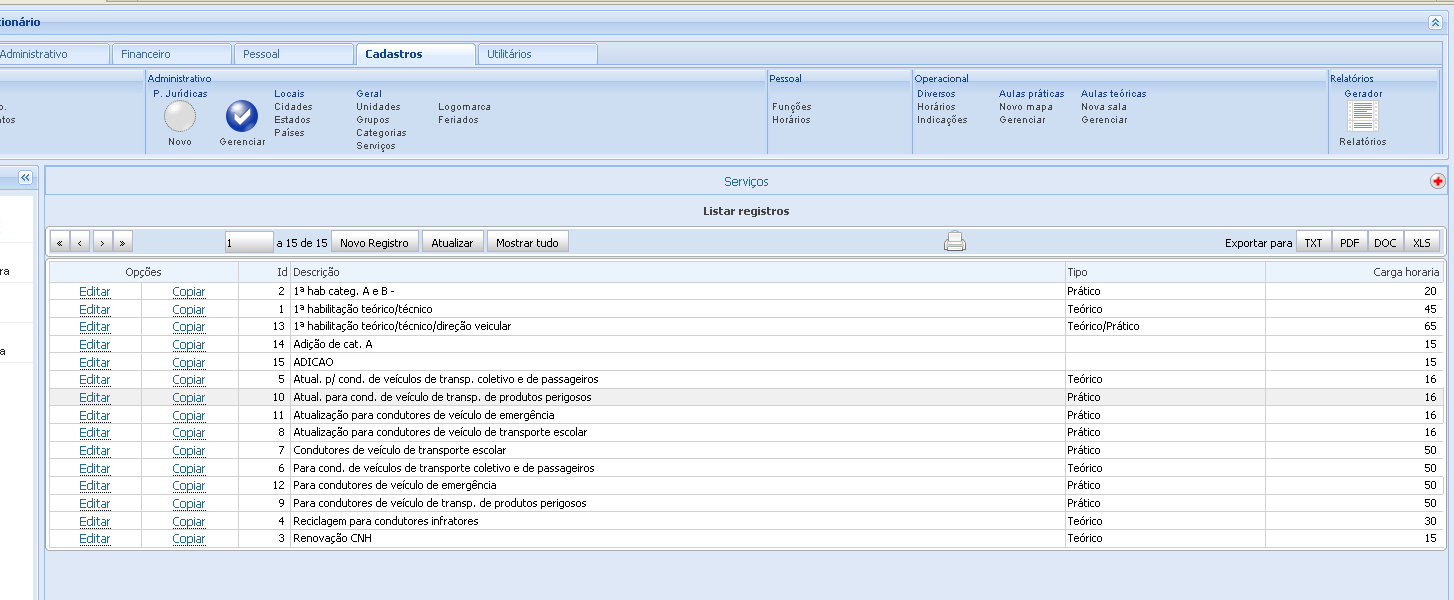 CADASTRO/ADMINISTRATIVO/GERAL/SERVIÇOS
