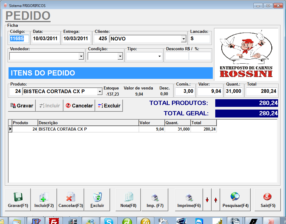 17. PEDIDO Na tela de pedido, preencha os dados necessários, após gravar o pedido os produtos serão atualizados, os valores serão lançados na conta do cliente.