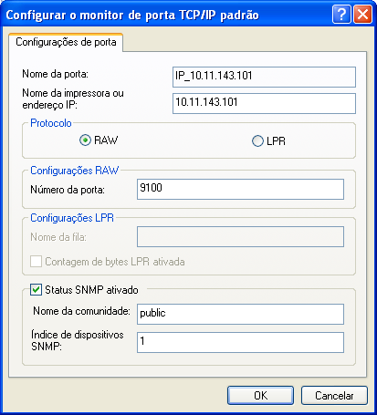 ADENDO AO GUIA IMPRESSÃO 38 11 Clique em Configurar porta na guia Portas da caixa de diálogo Propriedades. A caixa de diálogo Configurar o monitor de porta TCP/IP padrão é exibida.