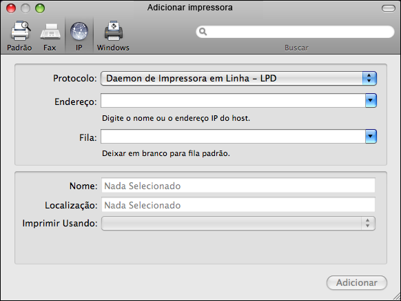 ADENDO AO GUIA IMPRESSÃO 51 PARA ADICIONAR UMA IMPRESSORA COM A CONEXÃO IMPRESSORA IP 1 Clique no ícone IP na caixa de diálogo.