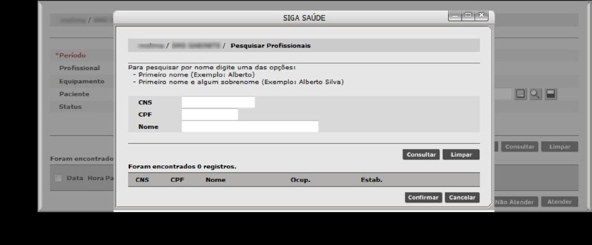 Se preferir, clique na lupa. Neste caso, na janela (pop-up), digite o CNS ou o CPF ou o Nome do profissional e clique em consultar.