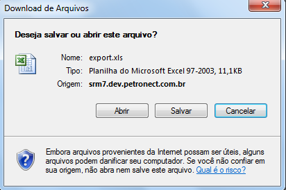 Após clicar no botão Baixar arquivo uma janela abrirá com 3 opções: Abrir - O arquivo será aberto e poderá ser salvo;