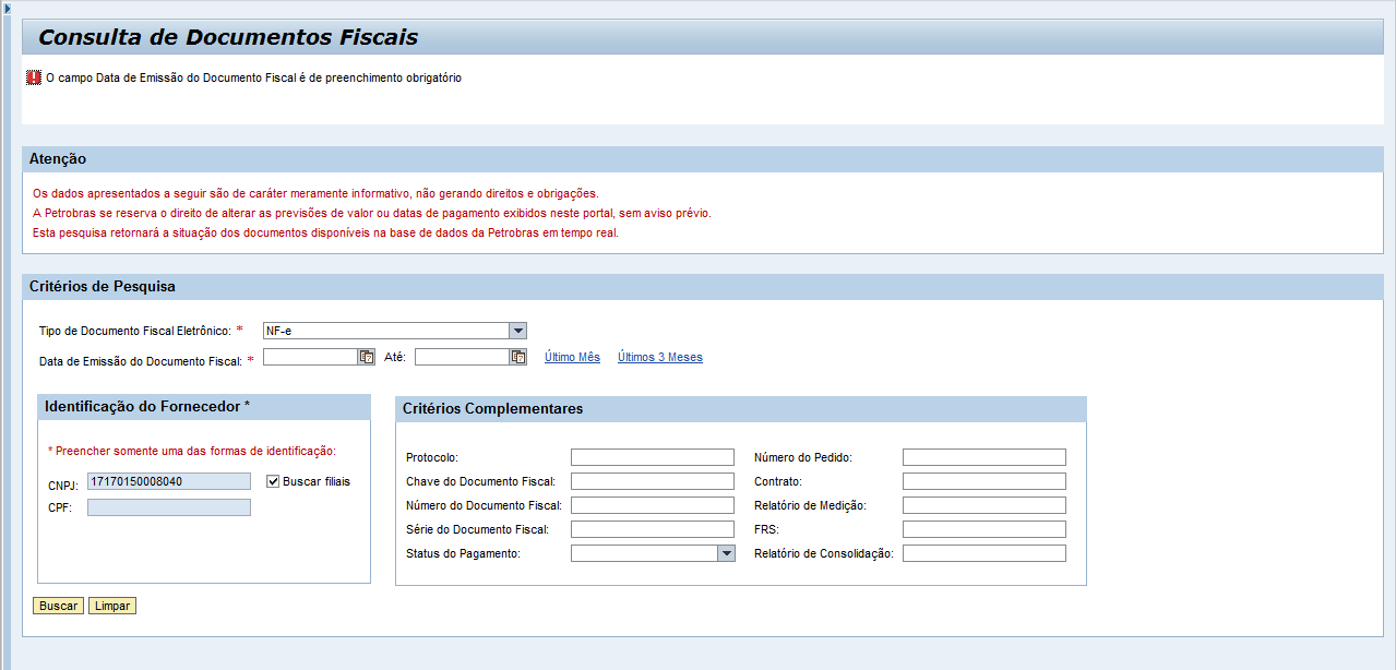 Caso o campo Data de Emissão do Documento Fiscal não seja