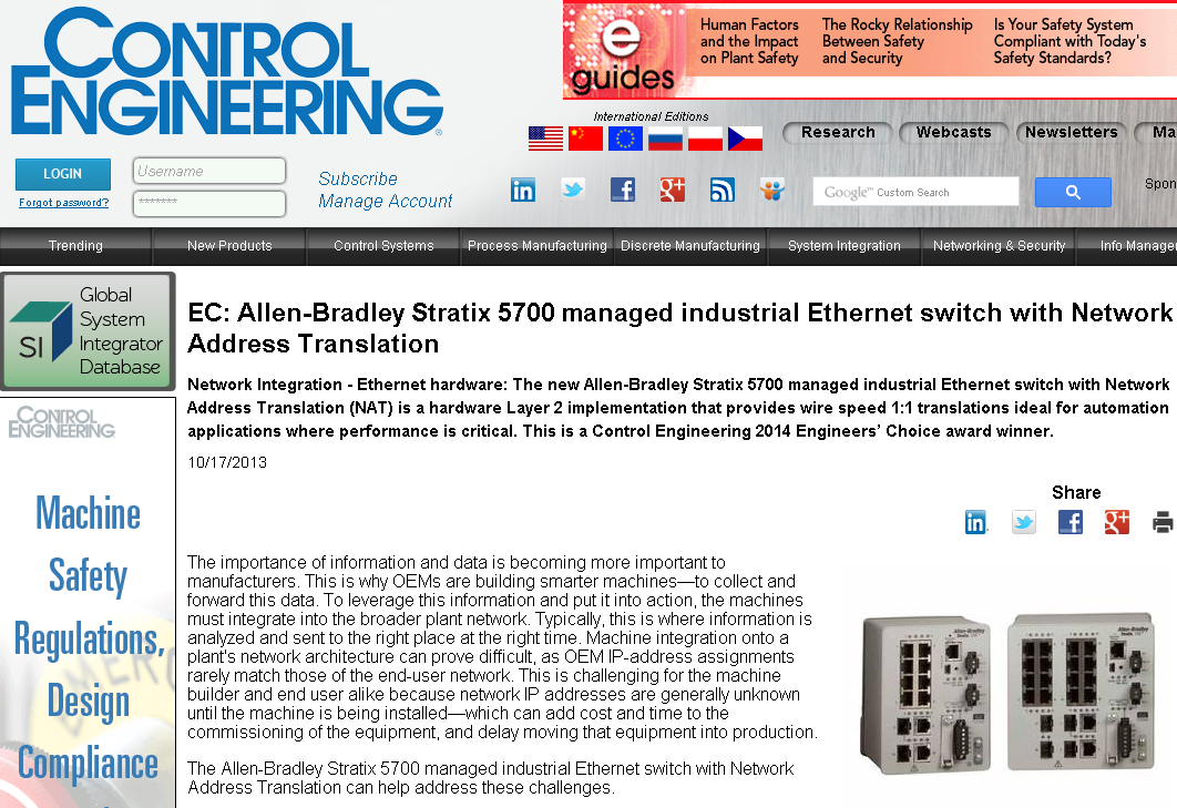Stratix 5700 Vencedor do Control Engineering 2014 Engineers Choice
