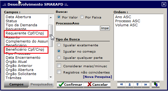 Nestas telas foram adicionados o campo CPF/CNPJ no formulário e nos filtros, como mostram as figuras abaixo.