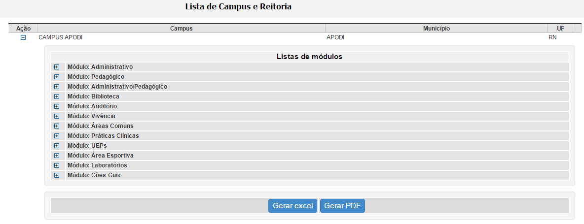 Geração de relatórios: Clicar nos ícones Gerar Excel ou Gerar Pdf. Esses relatórios podem ser por campus ou para todo o Instituto. 13.