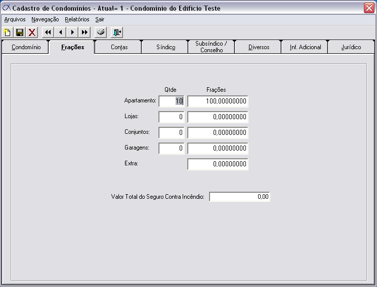 Cadastros>Condomínios> Aba Frações Informe o total de unidades e o total da fração do condomínio, apenas para os Condomínios que utilizam a fração ideal em seu rateio.