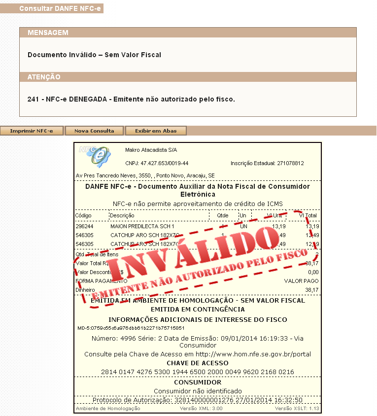Figura 15: Resultado da consulta da NFC-e com status DENEGADA 5.