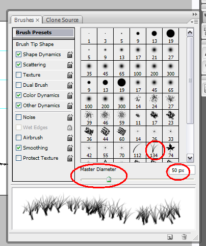 5) Abra a barra de botões dos Painéis e selecione o botão Pincéis (brushes). A paleta apresentará uma série do opções. 6) Na parte inferior da paleta, selecione a predefinição Grass (Grama 134).