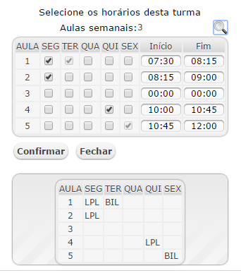 Agenda Horário da Turma Ao clicar na lupa, abre-se o quadro abaixo com o Horário da Turma com todas as disciplinas Ao clicar na