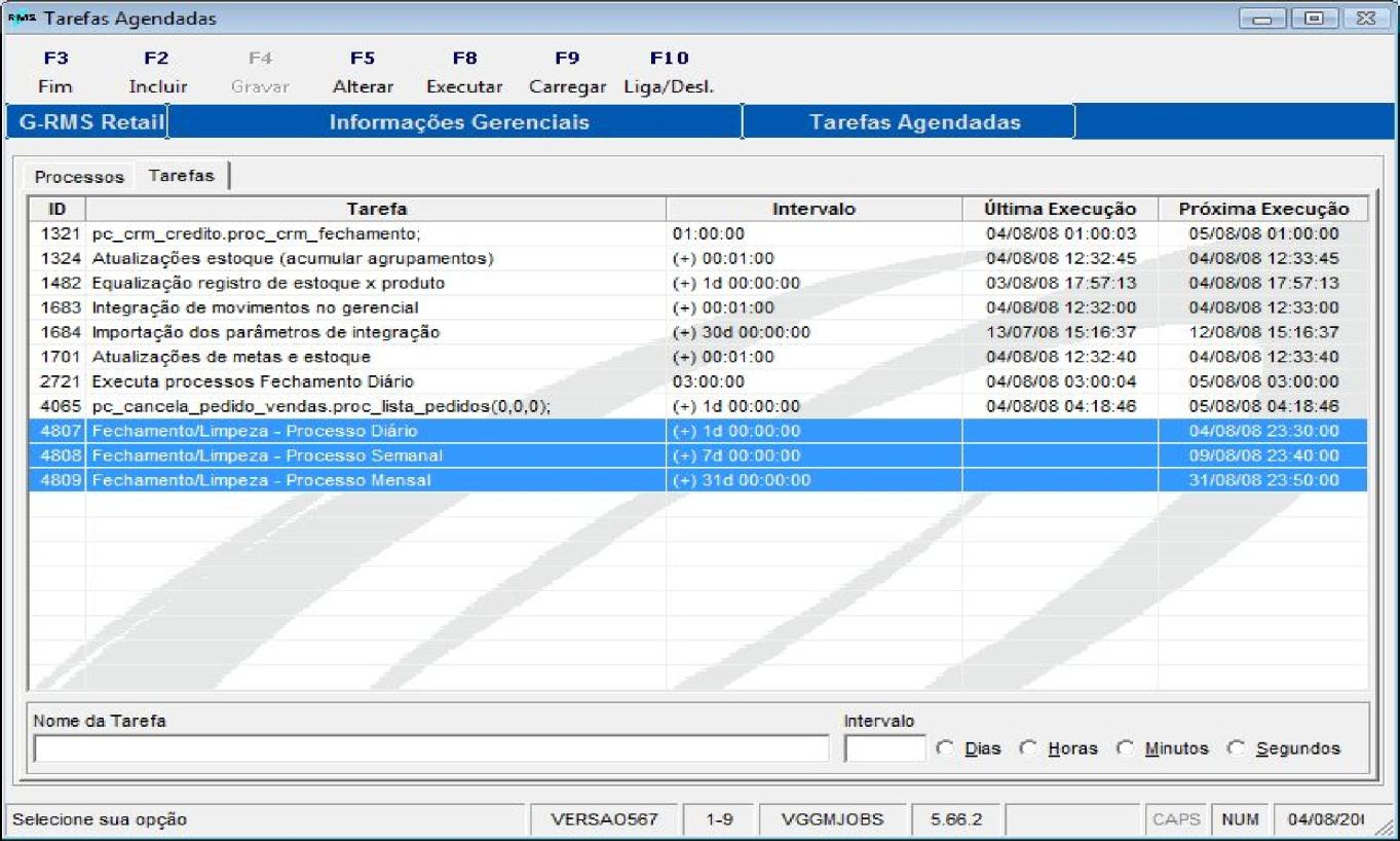 Os processos Diário, Semanal e Mensal estão automatizados em processos Oracle (caso não existem serão criados automaticamente após o processo de importação de vendas) Tabelas do processo de Limpeza e