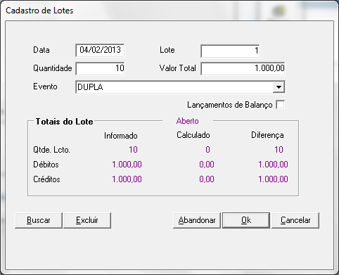 Tela 18 Lançamento >> Lançamentos >> Selecionar Lote A tela exibida acima possui três funções: 1 clicando no botão Buscar é possível realizar uma consulta nos lotes já cadastrados; 2 após a consulta,