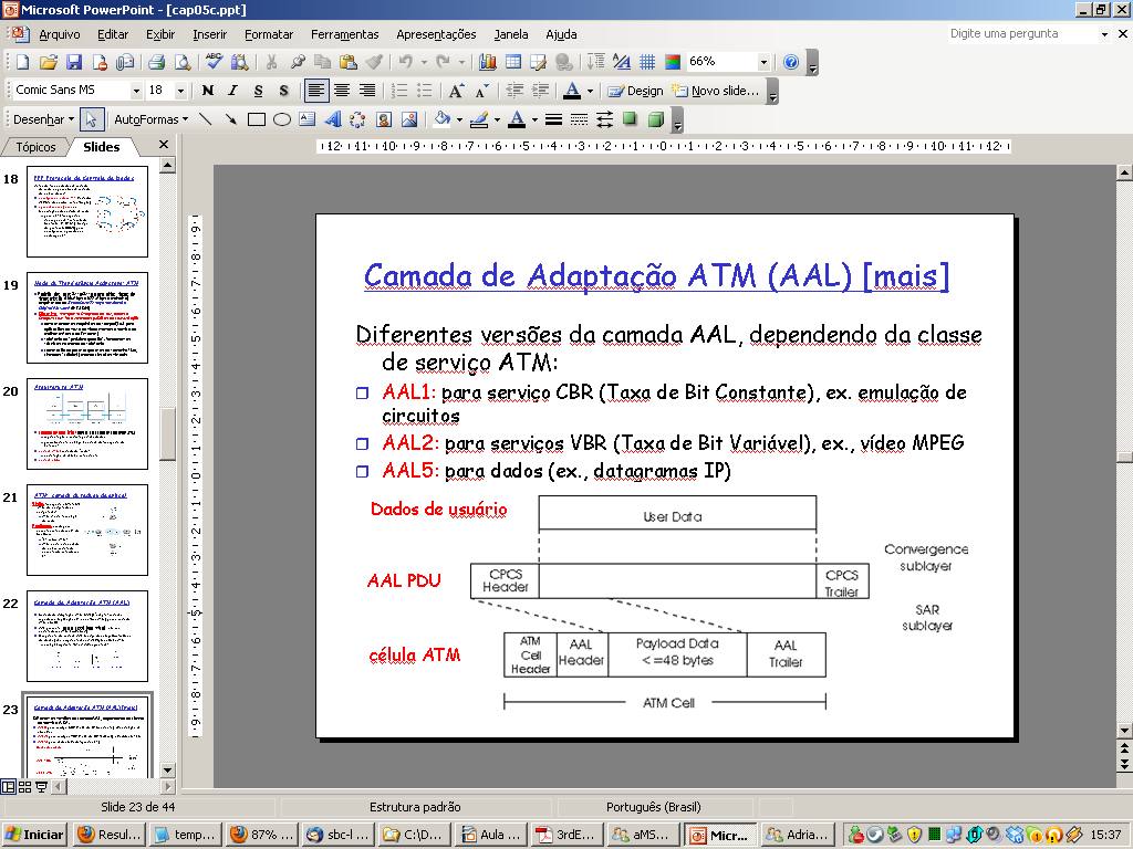 Diferentes versões da camada AAL, dependendo da classe de serviço ATM: AAL1: para serviço CBR (Taxa de Bit Constante), ex.