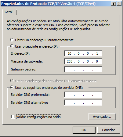 Instalando e configurando servidor de DNS no Windows 2008R2 1- Configure um IP estático no servidor, conforme a ilustração: 2- Clique em