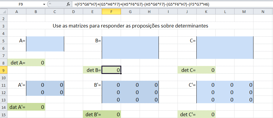 Para o trabalho com o Microsoft Excel com o cálculo do determinante de uma matriz quadrada foi baseado em Rocha (2012) 4 que auxiliou aos pibidianos formatarem as planilhas utilizando a Regras de