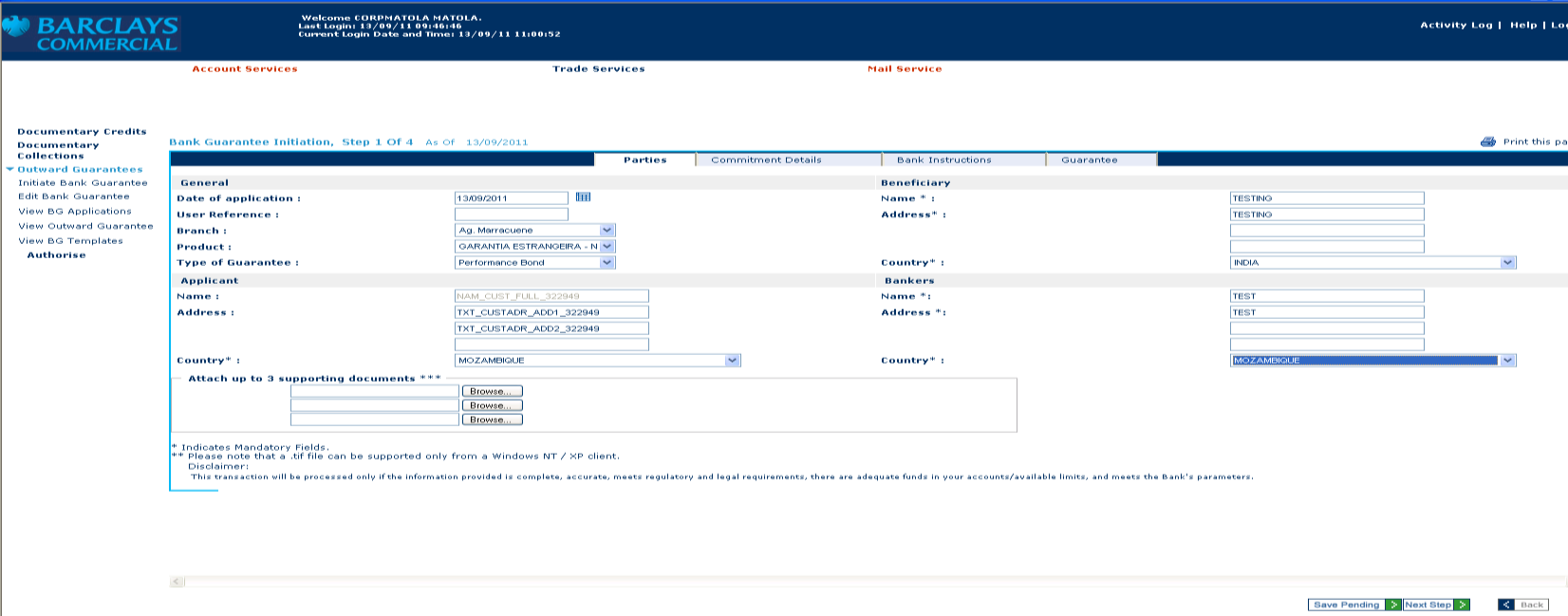 1. Clica na hiperligação Initiate Bank Guarantee e uma página de opções irá abrir. Internet Banking 2.