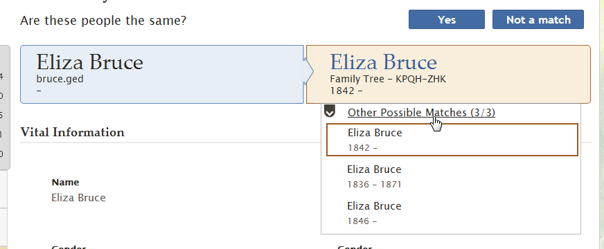 Acrescentar e Corrigir Informações sobre Pessoas e Parentescos Opção Descrição contém informações que são diferentes do que as da Árvore Familiar, elas são exibidas em uma caixa azul. 2.