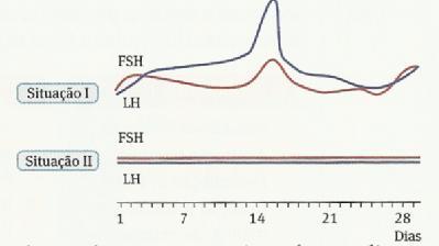 11. Observa agora o gráfico da figura 9 Figura 9 11.1 Procura encontrar uma explicação, para a diferença verificada na produção das hormonas FSH e LH, entre a situação I e a situação II. 11.2.