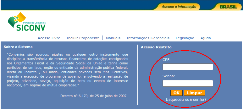 Concedente deverá acessar o endereço www.convenios.gov.br e clicar em Acessar o SICONV, conforme Figura 116.