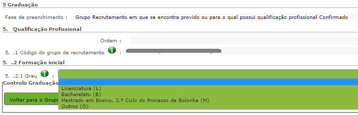 3.2.1.2 Grau O Grau, e diferentes conjugações, com o(s) qual(ais) o docente vai concorrer deve(m) ser indicado(s) neste campo, encontrando-se disponível uma lista com as opções/conjugações possíveis.