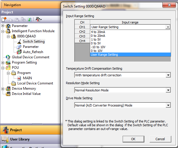 MEB 2- Abra o item Switch Settings do módulo analógico e mude a configuração de range dos canais analógicos que terão que ser ajustados em ganho e offset para User Range Setting