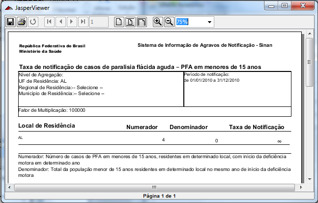 Paralisia Flácida Aguda 5. Clique em Calcular. NOTA 1. Lembrar de exportar a base PFANET.DBF do SINAN Net e salvar na pasta C:\sinan_relatorios\bases. 6.