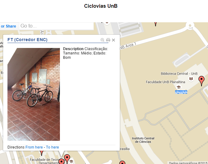 Figura 5: Localização de para ciclos na Faculdade de Tecnologia Figura 6: Obtenção de informações sobre para ciclo e visualização de foto clicando em marcação Conflitos e comportamentos dos usuários: