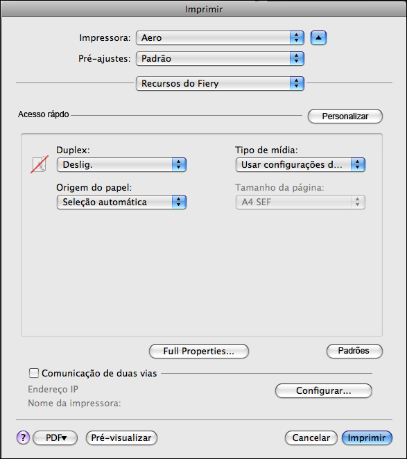 IMPRESSÃO NO MAC OS X 24 A opção Tamanho do papel na caixa de diálogo Configuração da página é a mesma opção de impressão Tamanho da página na guia Mídia de Recursos do Fiery.