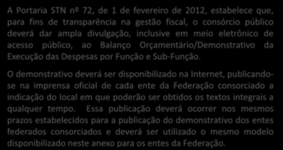 Alteração MDF 5ª edição Anexos I e II A Portaria STN nº 72, de 1 de fevereiro de 2012, estabelece que, para fins de transparência na gestão fiscal, o consórcio público deverá dar ampla divulgação,