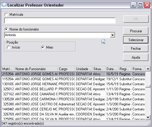 Figura 15.7 7. A Figura 15.8 é referente à busca pelo professor orientador, após encontrar o docente, o usuário deve pressionar SELECIONAR. Figura 15.8 8. A Figura 15.9 é referente à busca pelo projeto final.