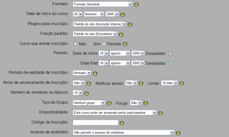 Número de semanas ou tópicos: Este parâmetro reflete nos formatos das semanas ou temas, representa o número de tópicos que utilizará no curso/disciplina, ou seja, representa as janelas que irão