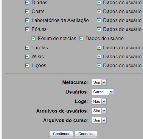 Backup do curso: É um arquivo em formato zip contendo apenas dados do curso com os materiais e informações dos participantes. Ao clicar em Backup você terá acesso à tela mostrada parcialmente acima.