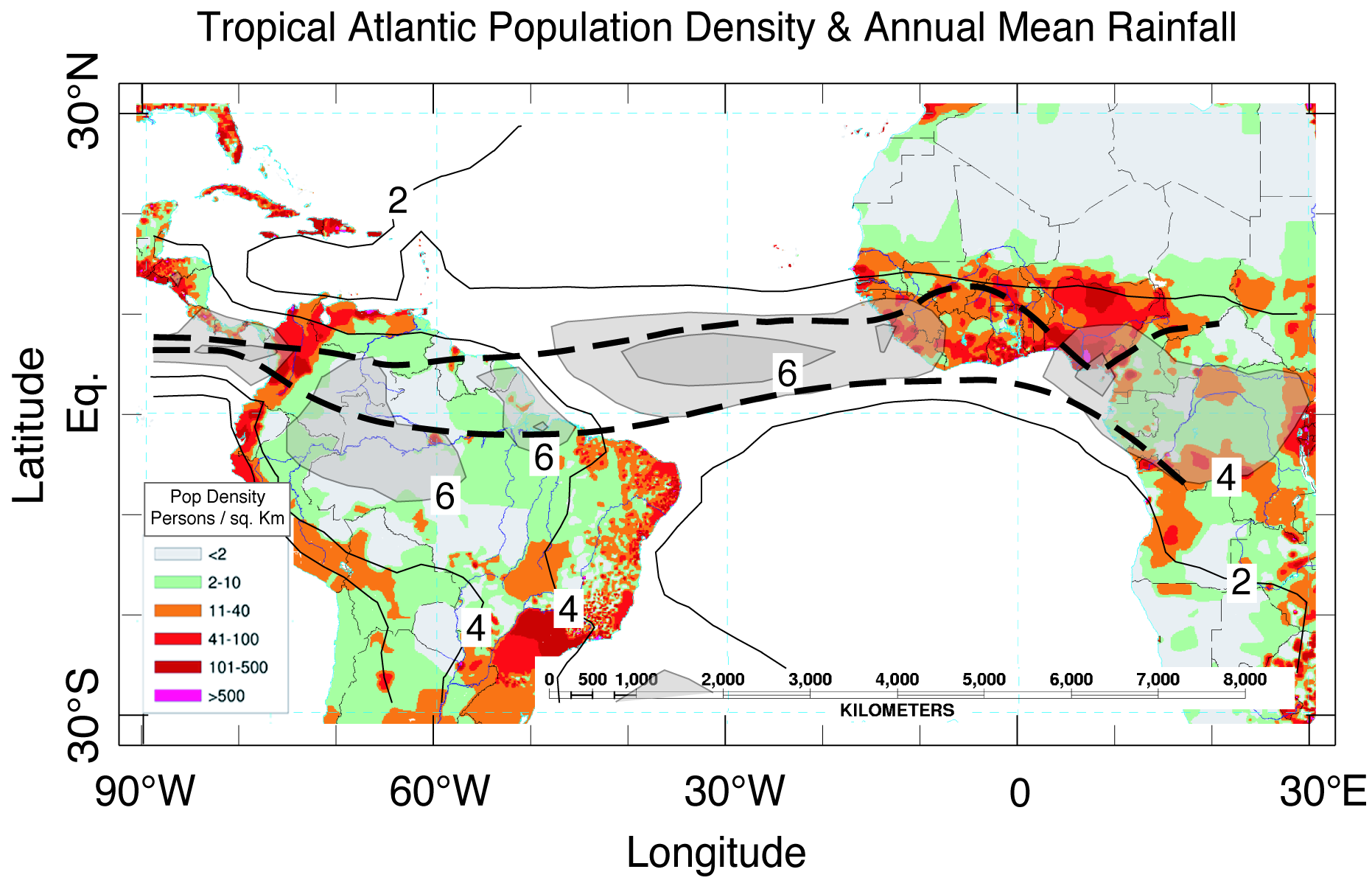 A Zona de Convergência Inter-Tropical (ZCIT) Densidade populacional do Atlântico Tropical e precipitação média anual (from