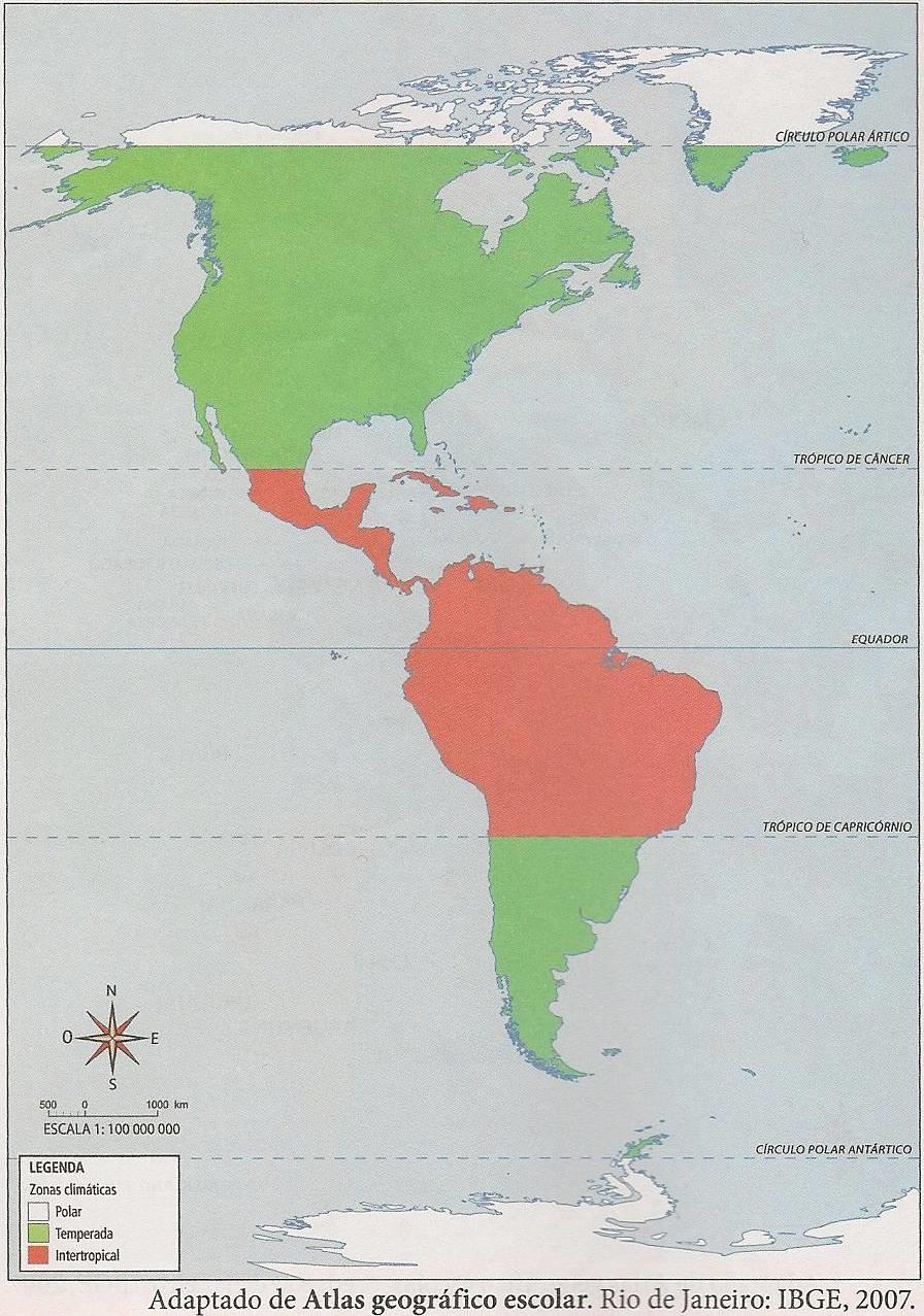 Zonas climáticas O continente americano está situado dentre todas as zonas climáticas da Terra: (polar, tropical e temperada), com exceção da zona polar