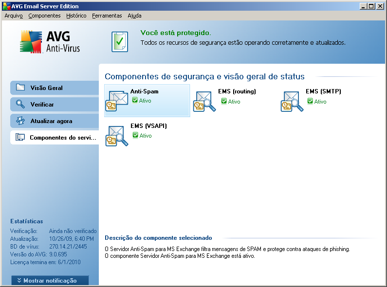 4. Verificador de e-mail para MS Exchange Server 2007 4.1. Visão Geral A AVG para MS Exchange Server 2007 configuration opções are fully integrated within the AVG 9.