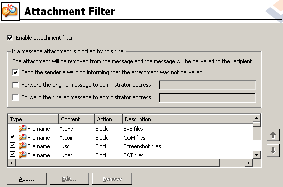 6.1.2. Filtro de Anexo No menu Filtro de Anexo há uma lista de várias definições de anexos: Para ativar ou desativar a filtragem de anexos de e-mail, marque a caixa de seleção Ativar filtro de anexo.