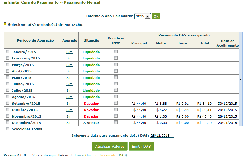 Ao passar o mouse sobre a situação de cada PA, o aplicativo apresenta a data de vencimento.