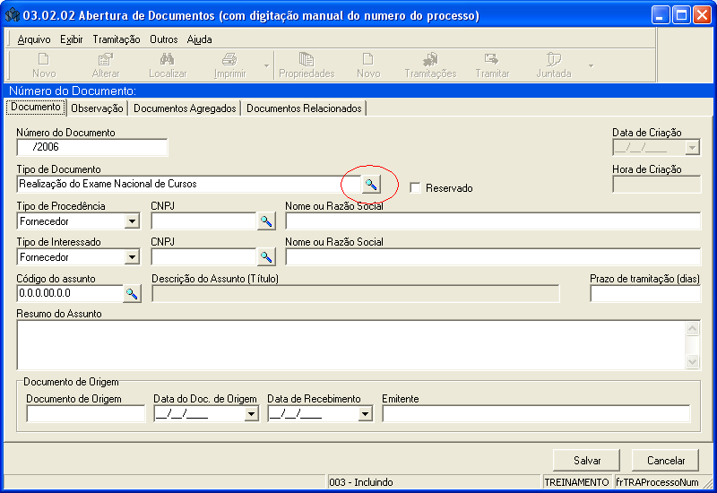 Tela Abertura de Documentos (com digitação manual do número do processo) Essa tela permite que o usuário digite no sistema SIE os Processos/Protocolados criados no SAU.
