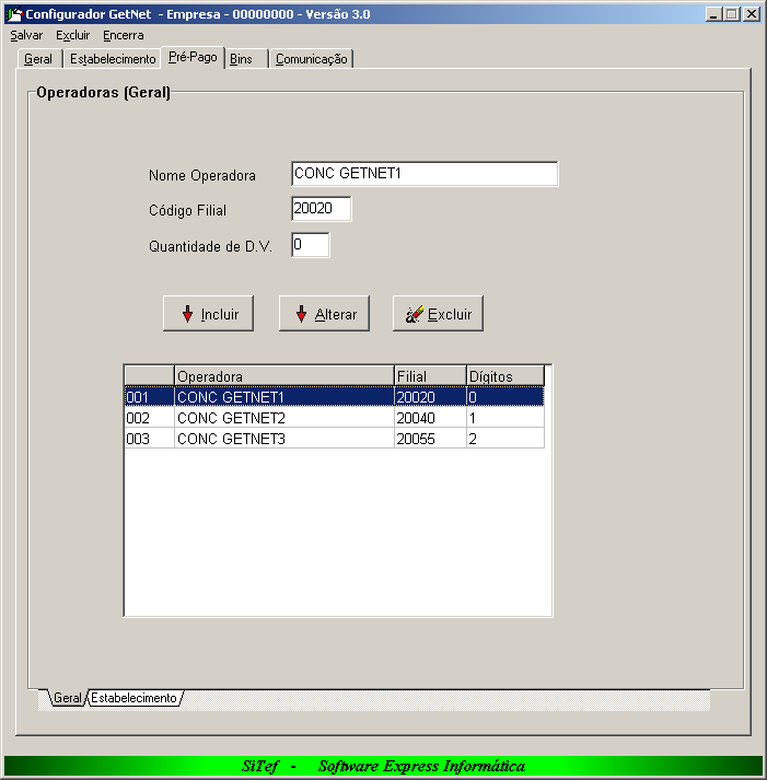Na guia Pré-Pago, configurar: Nome Operadora: Informar o nome da operadora de recarga celular fornecido pela administradora GetNet Código Filial: Informar o código de filial da operadora de recarga